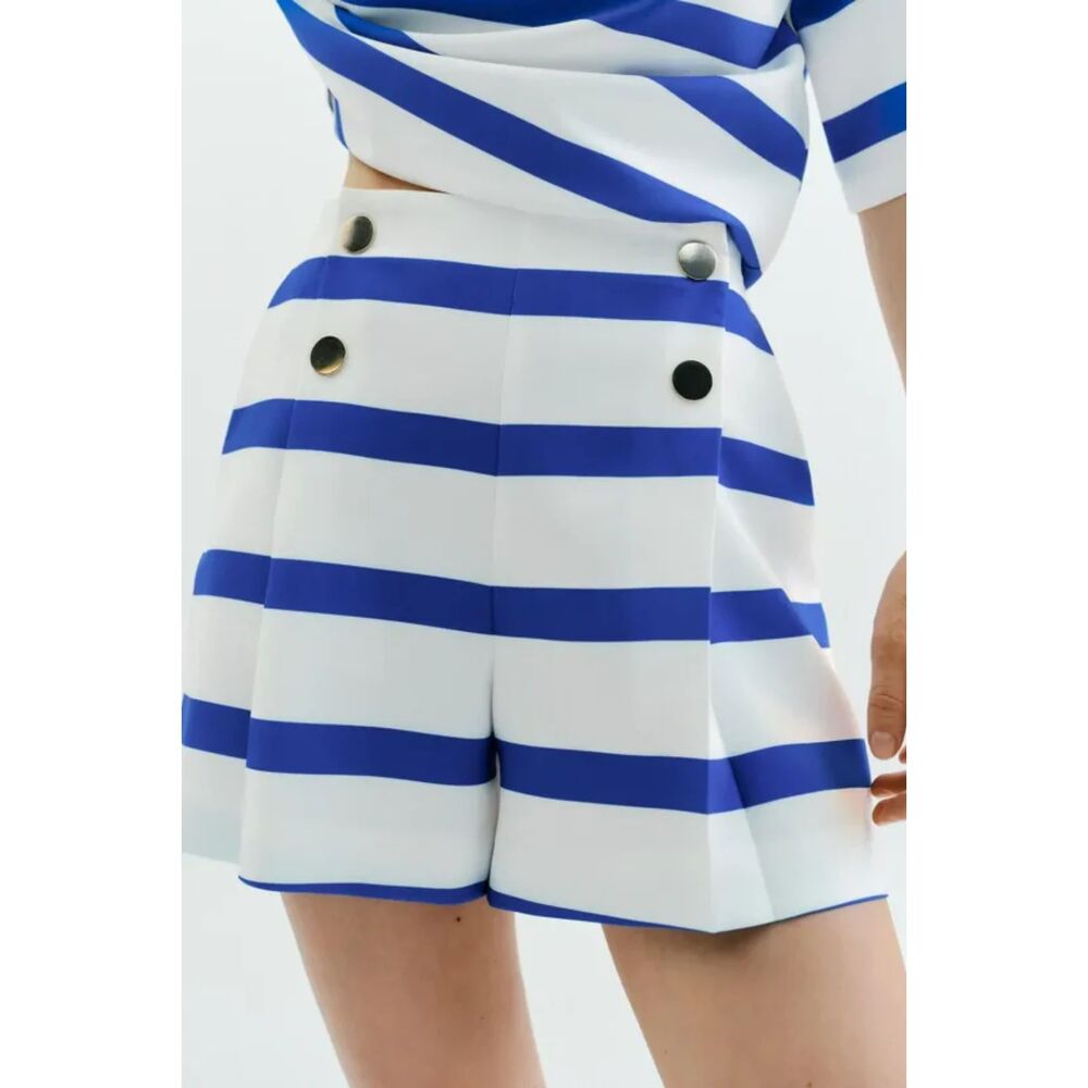 Blue and White Striped Zara Gold Decorative Buttons Pleated Nautical Shorts, NWT - Picture 2 of 8